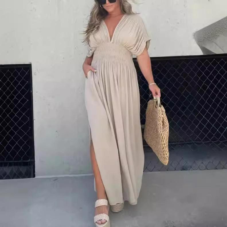 Fashion Bat-sleeved V-neck Slit Dress Summer Short Sleeve Elastic Waist Long Dresses Womens Clothing Kaps B International