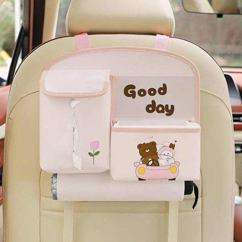 Multifunctional cute cartoon car storage bag made of waterproof leather for car organization