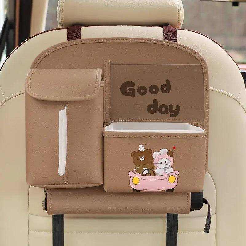 Waterproof multifunctional car storage bag with cute cartoon design hanging in car interior