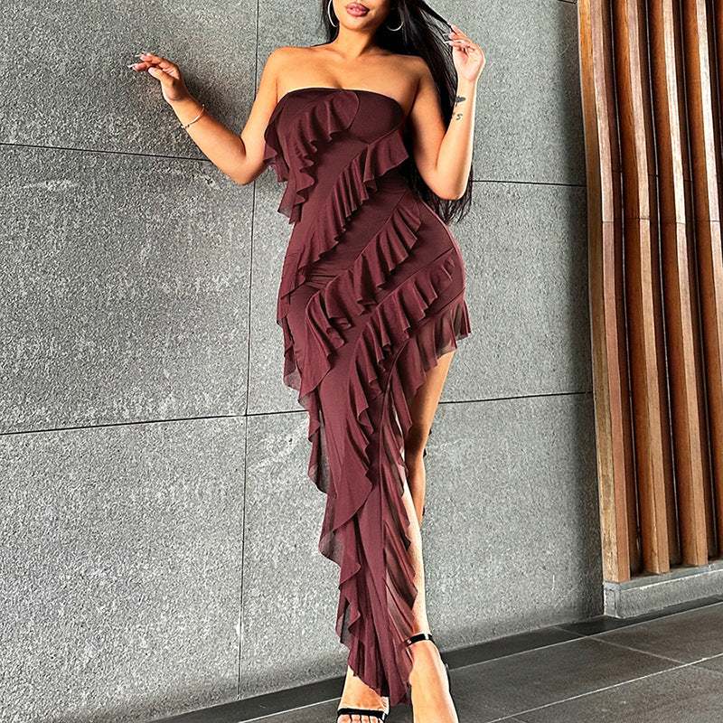 Fashion tube top backless split tassel dress for birthday party clubwear in maroon