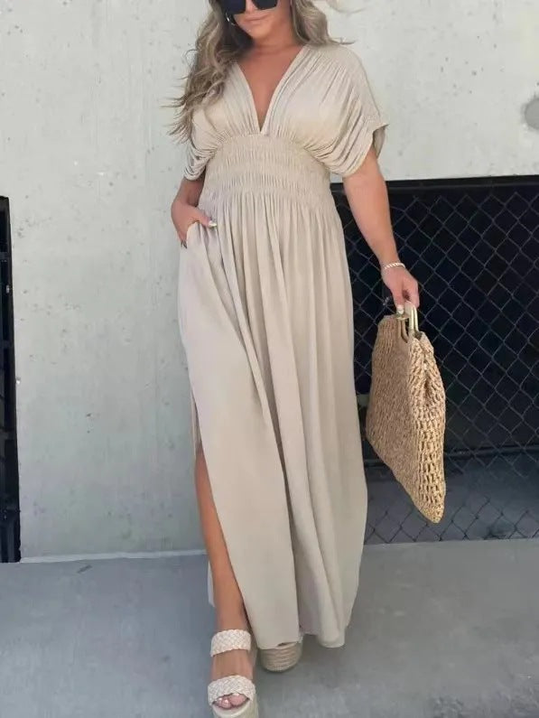 Fashion Bat-sleeved V-neck Slit Dress Summer Short Sleeve Elastic Waist Long Dresses Womens Clothing Kaps B International