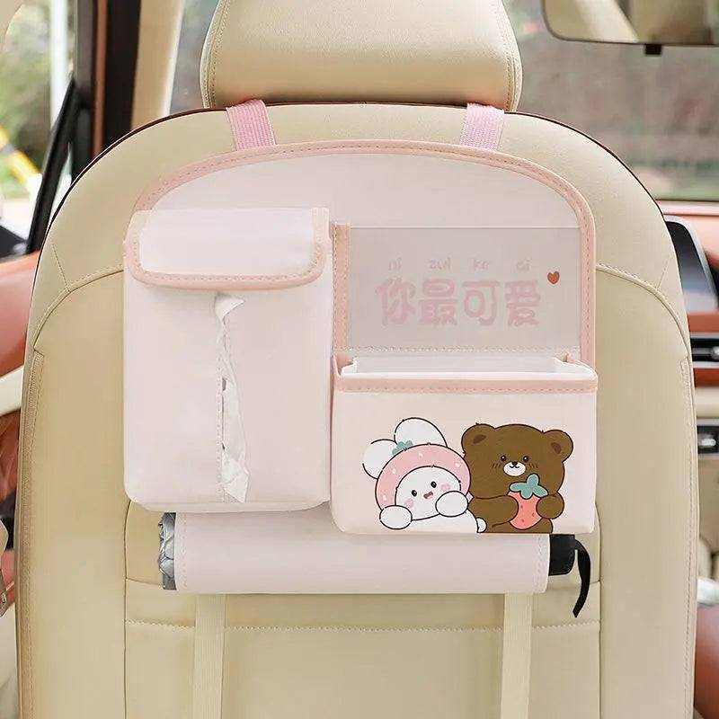 Multifunctional cute cartoon car storage bag made of waterproof leather for organized car accessories
