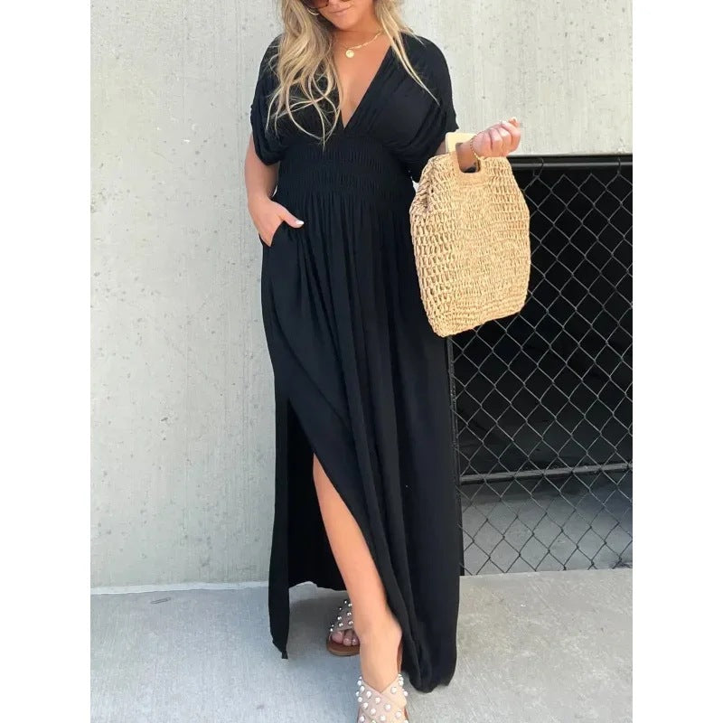 Fashion Bat-sleeved V-neck Slit Dress Summer Short Sleeve Elastic Waist Long Dresses Womens Clothing Kaps B International