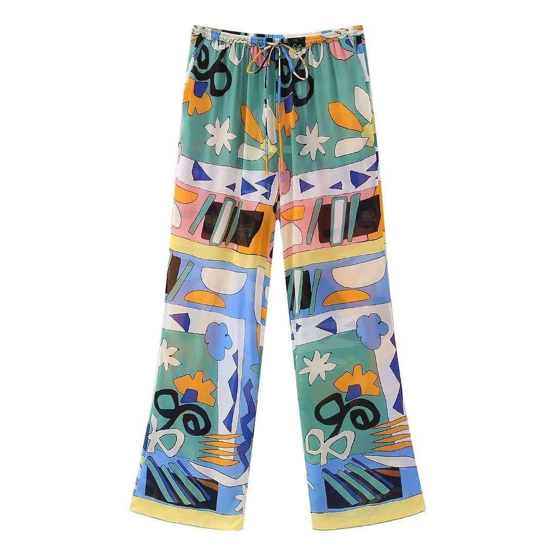 American style printed vertical blouse with matching home trousers in multi-color polyester for women