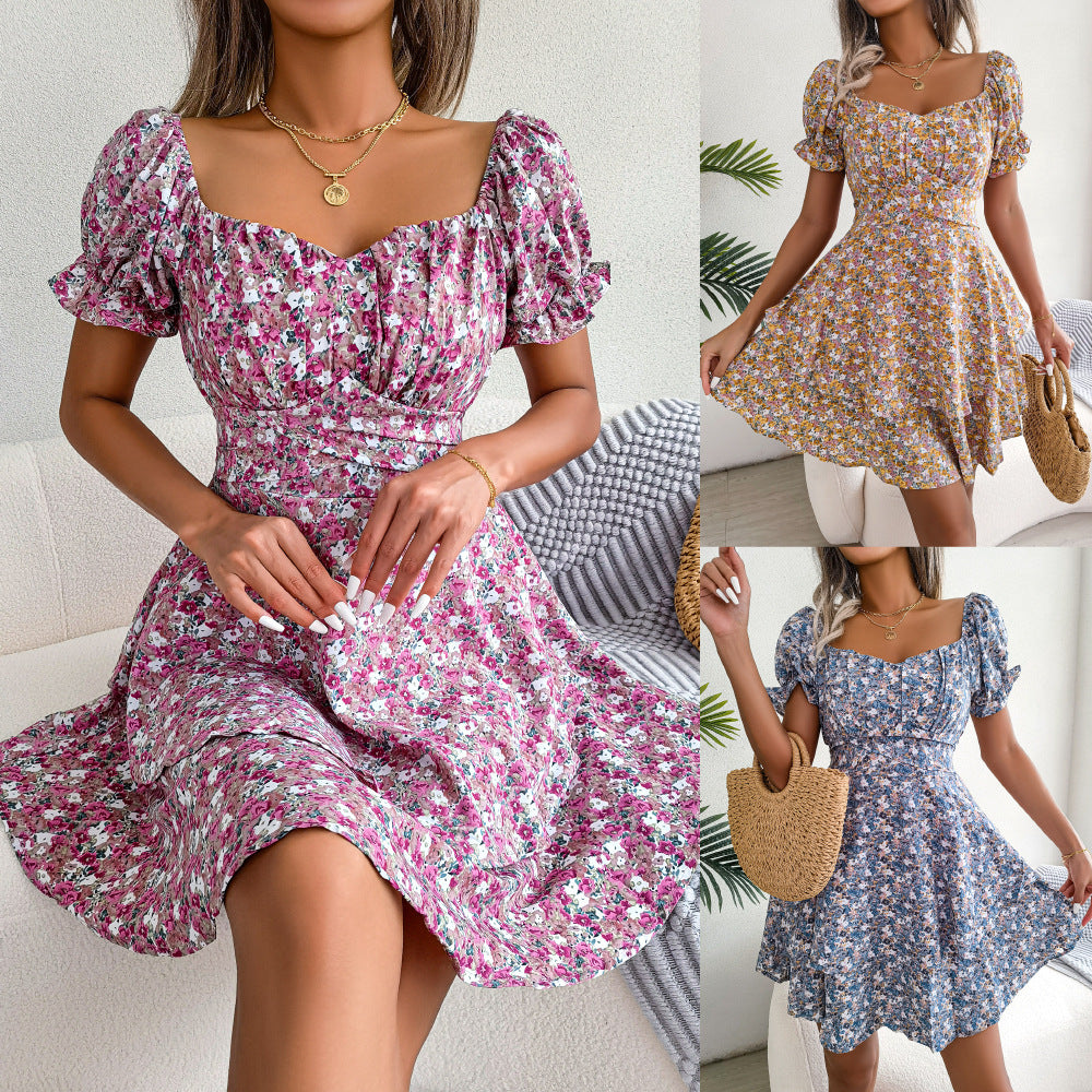 Women's floral print swing mini dress with short sleeves – main product photo