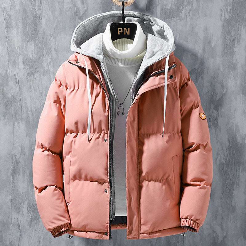 Fashion Hooded Jacket Men Winter Windproof Thickened Fake Two-piece Coat Solid Leisure Sports Cotton Jacket Kaps B International