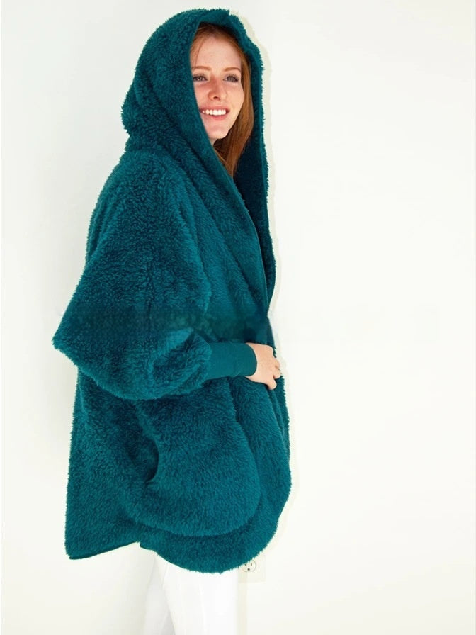 Women's hooded furry cardigan coat with pockets – view 10