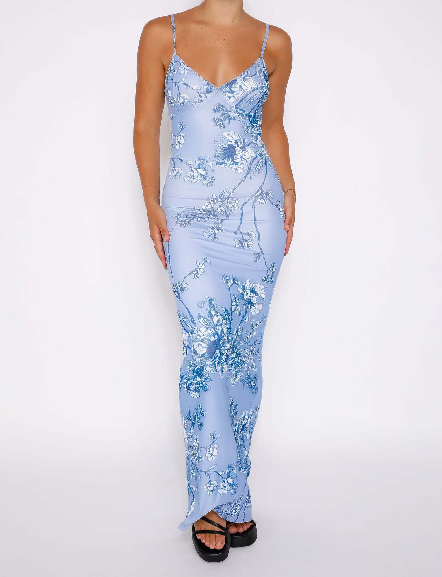Women's floral print slip maxi dress with thin straps for summer, view 9