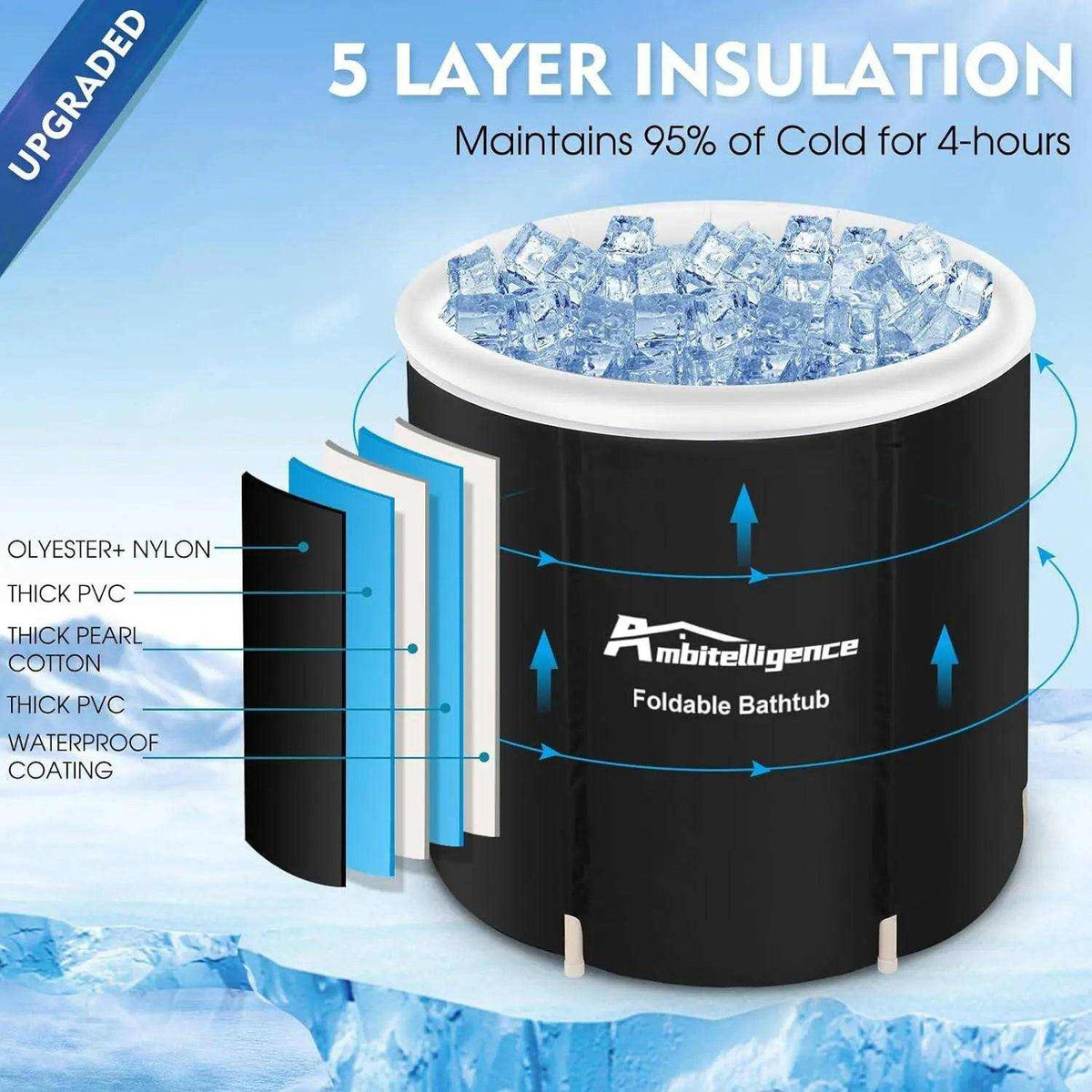 Foldable outdoor ice tub for portable cold water therapy and fitness recovery