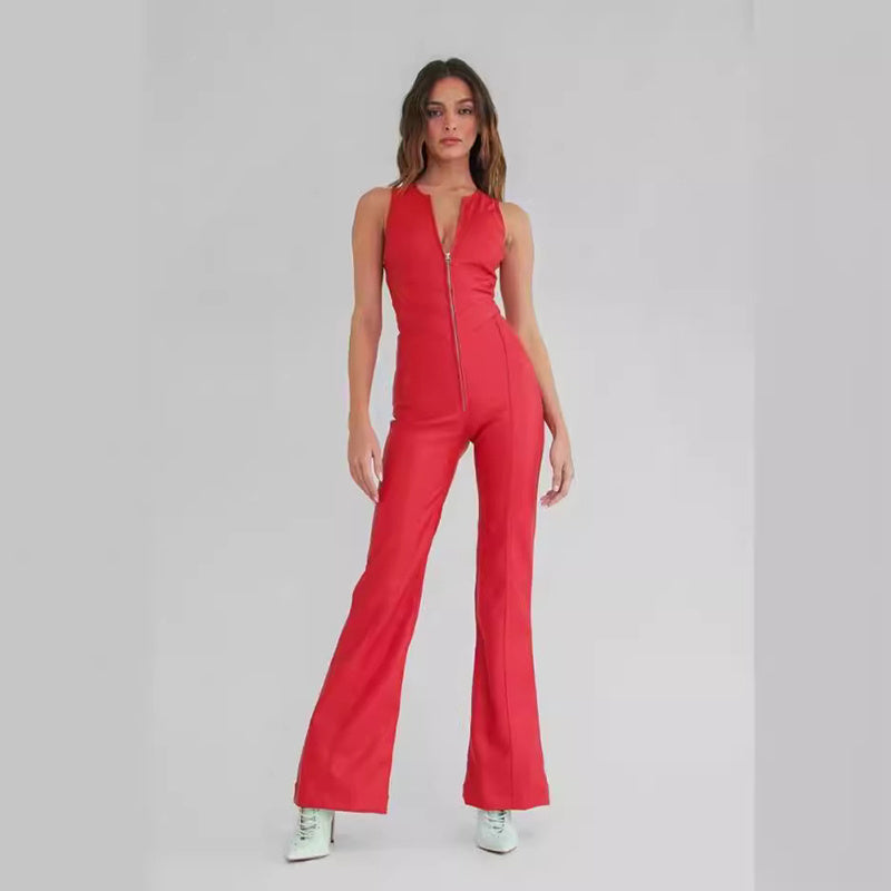 Summer Slim Heart-shape Backless Denim Jumpsuit Women Halter Neck Zip Up High Waist Panst Retro Style Clothing Kaps B International