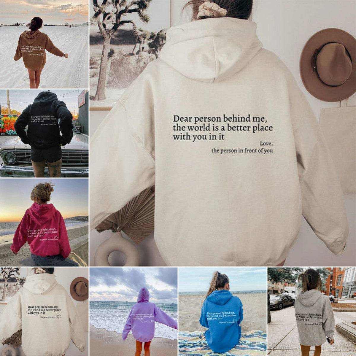 Women wearing plush letter printed kangaroo pocket drawstring printed hoodies in various colors with positive message on the back