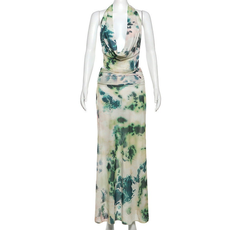 2-piece tie-dye halter backless maxi dress set – product photo, view 9