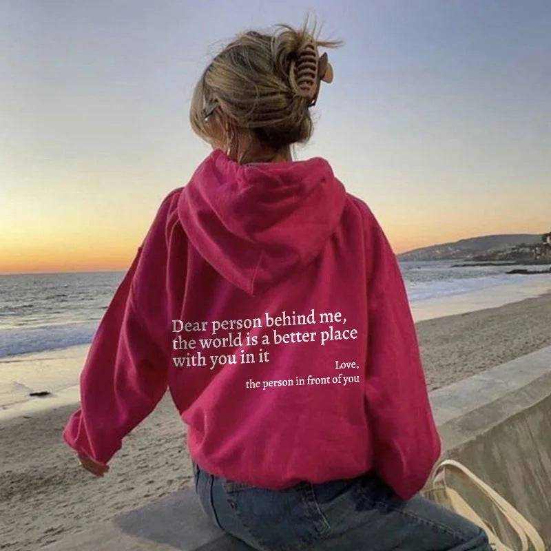 Women’s plush letter printed kangaroo pocket drawstring hoodie in polyester with hood and long sleeves