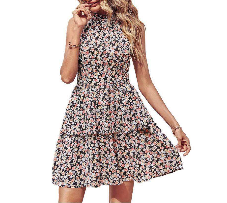 Summer Printed Halter Dress Fashion Boho Backless Ruffled beachwear for women