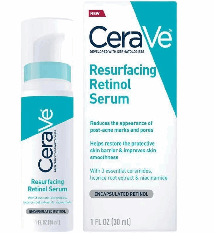 CeraVe Retinol Serum bottle and packaging for post-acne marks and skin texture refinement with ceramides and niacinamide.