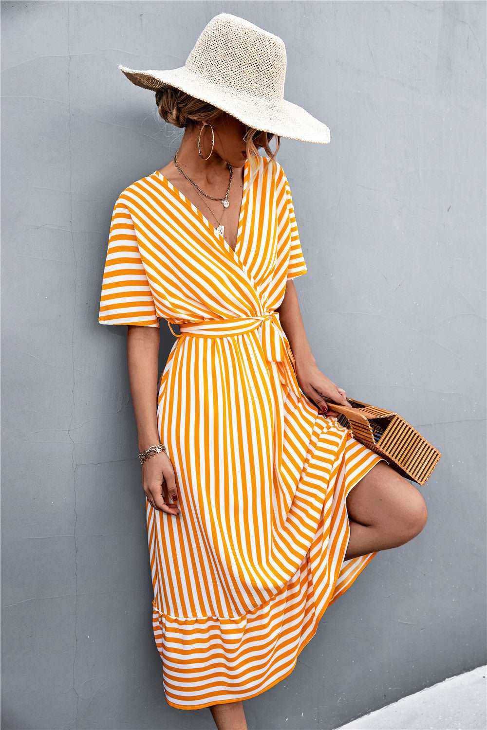 Classic hot selling product cross V-neck lace-up striped yellow green black swing dress for spring summer