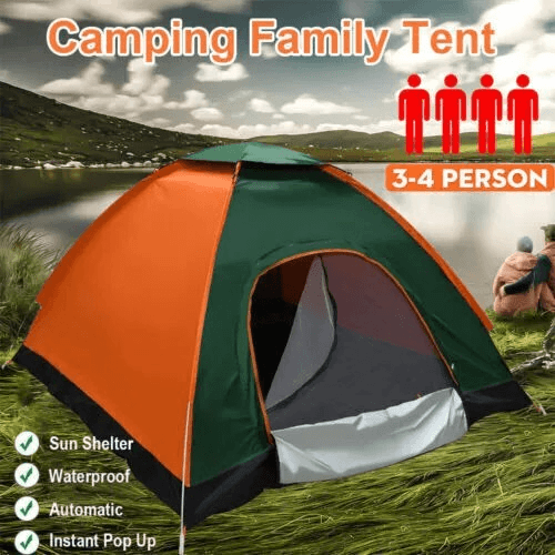 Full Automatic Pop Up Camping Tent, 3-4 Person Family Size, Waterproof Outdoor Hiking Shelter