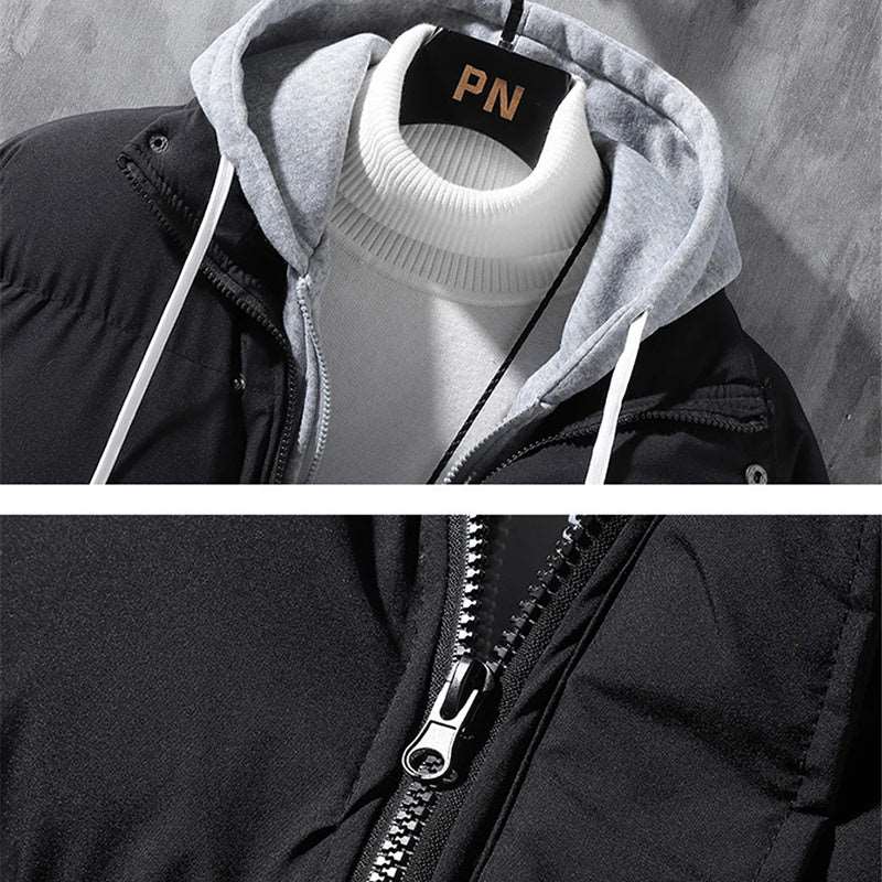 Fashion Hooded Jacket Men Winter Windproof Thickened Fake Two-piece Coat Solid Leisure Sports Cotton Jacket Kaps B International