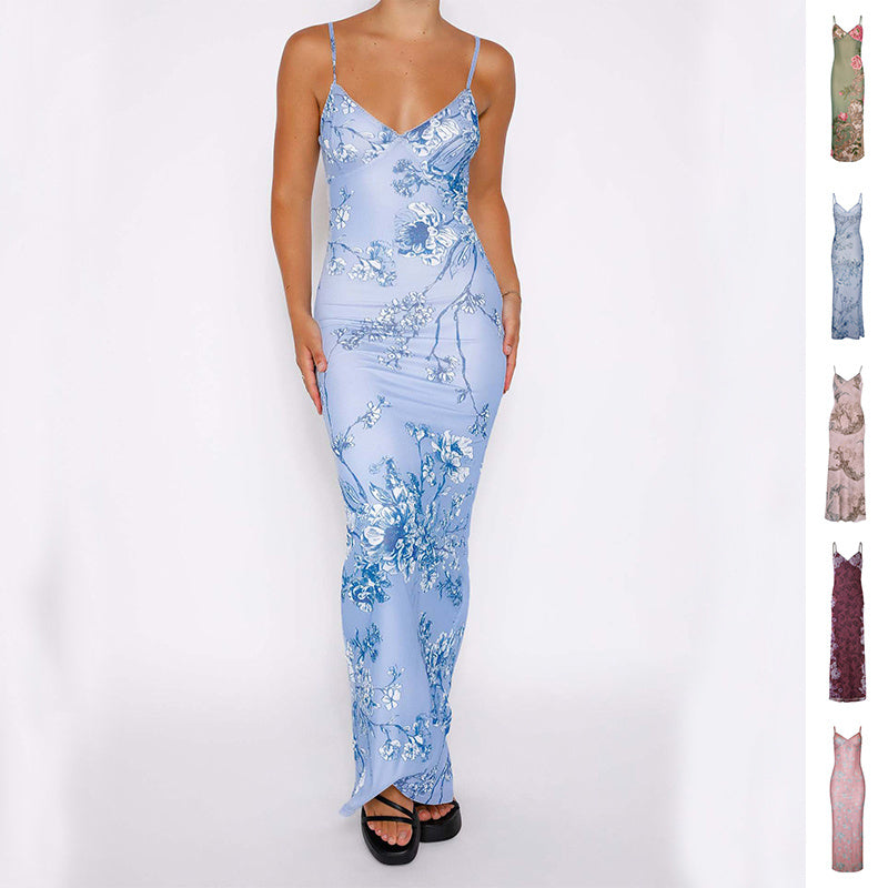 Women's floral print slip maxi dress with thin straps for summer, view 6