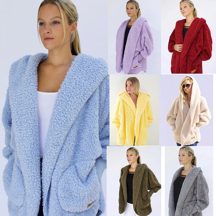 Women's hooded furry cardigan coat with pockets – main product photo