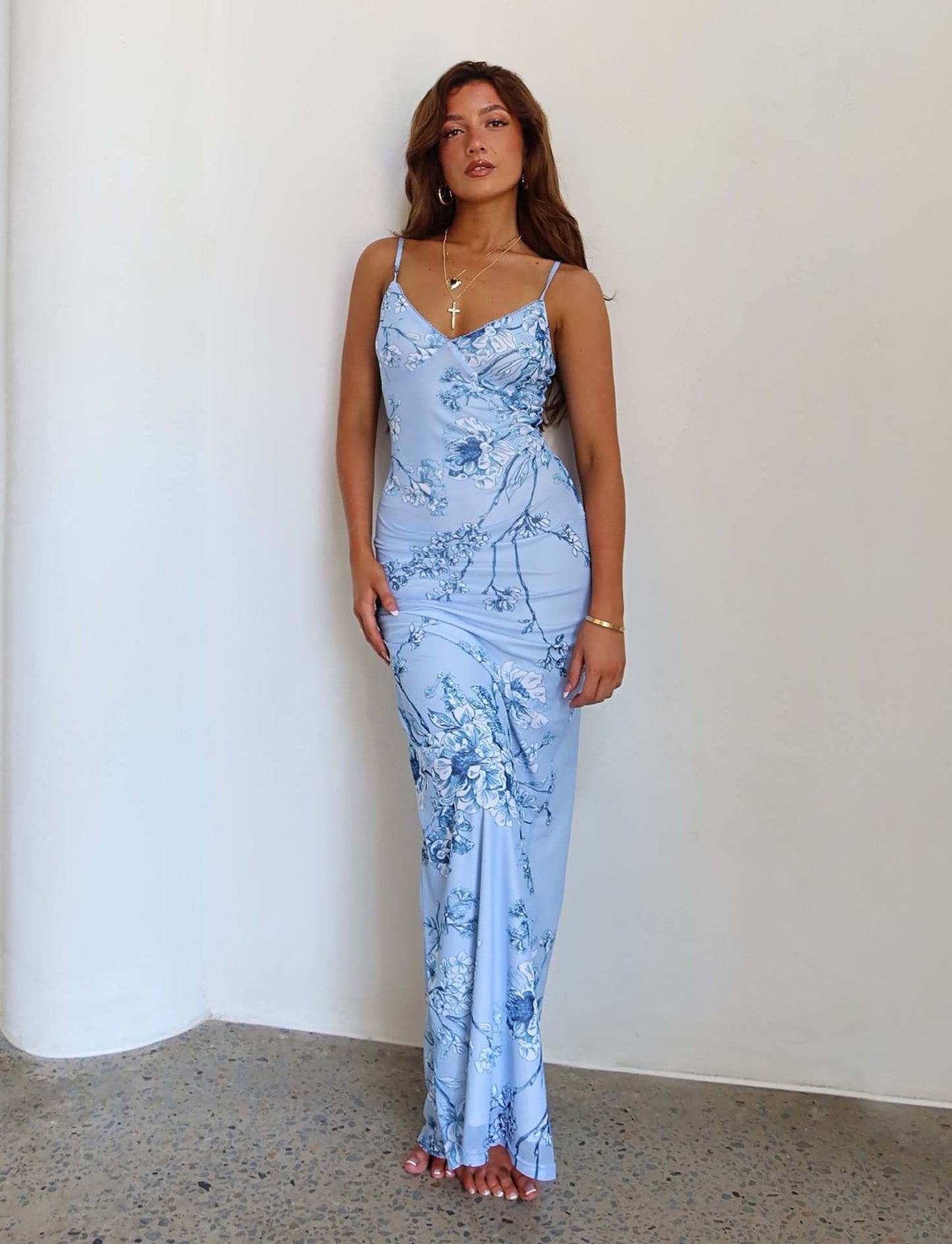 Women's floral print slip maxi dress with thin straps for summer, view 8
