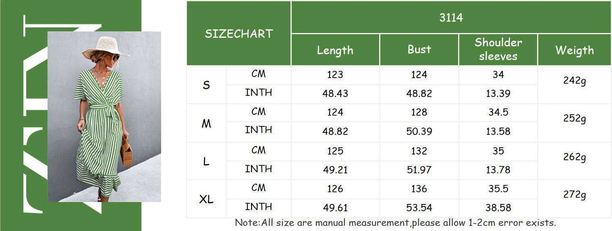 Classic hot selling product cross V-neck lace-up striped long swing dress in yellow, green, and black polyester for spring and summer