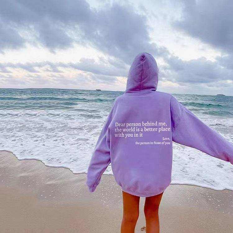 Women's plush letter printed kangaroo pocket drawstring hoodie with hood and long sleeves