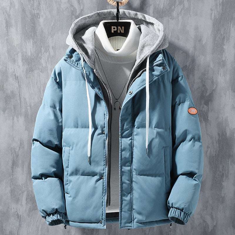 Fashion Hooded Jacket Men Winter Windproof Thickened Fake Two-piece Coat Solid Leisure Sports Cotton Jacket Kaps B International