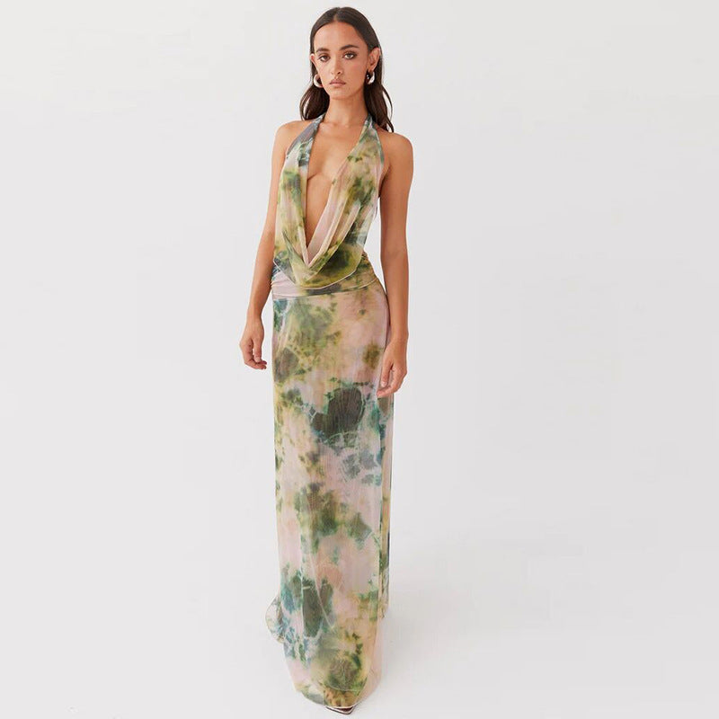 2-piece tie-dye halter backless maxi dress set – product photo, view 4