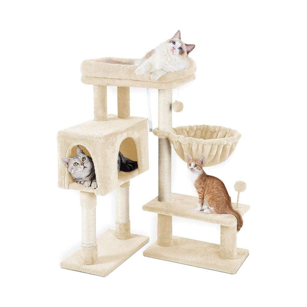 Floofi 97cm Adjustable Base Plush Cat Tree Beige with multiple platforms, cubed hideout, and sisal posts for cats