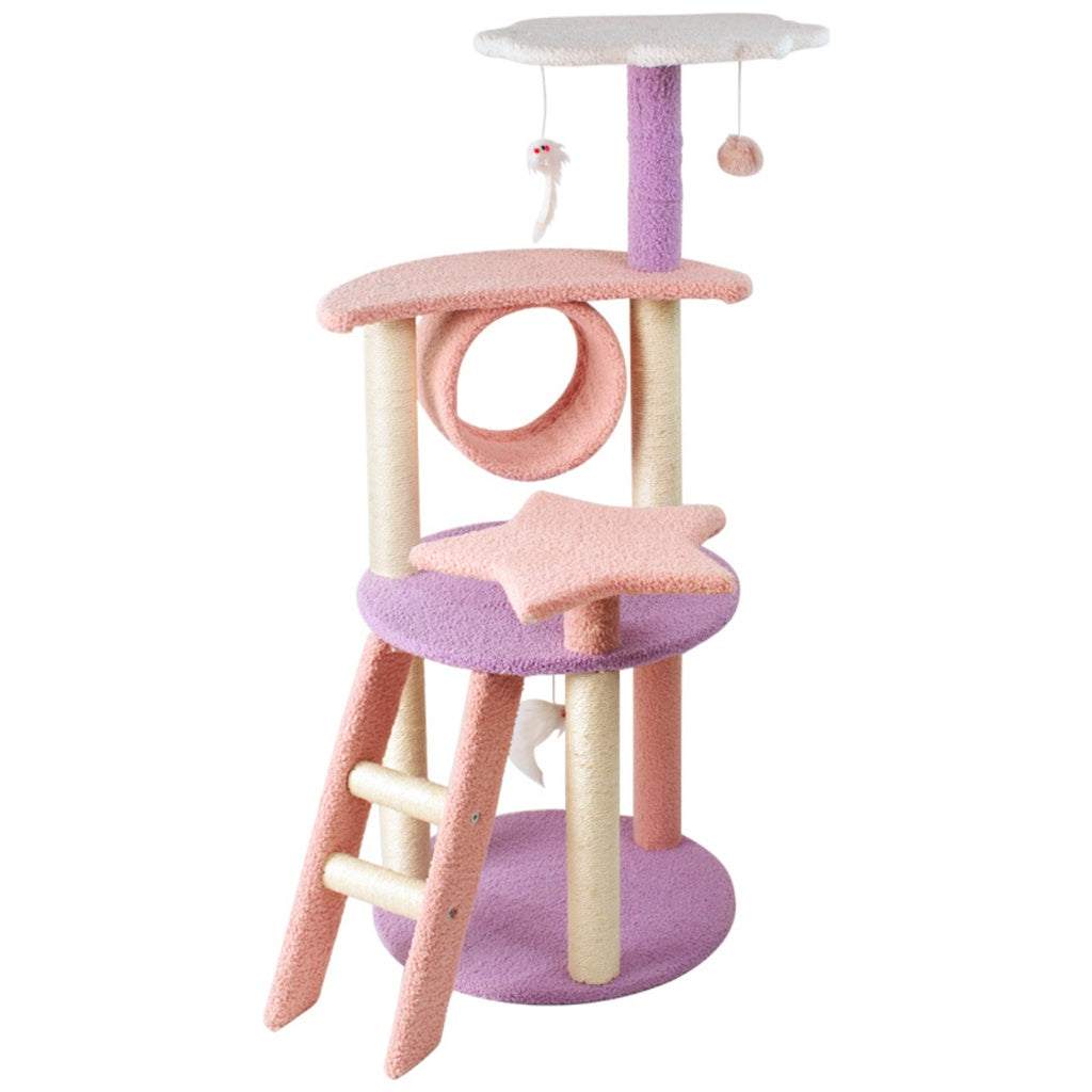 Floofi 101cm Galaxy Plush Cat Condo in pink and purple with multiple platforms, scratching posts, and hanging toys for cats