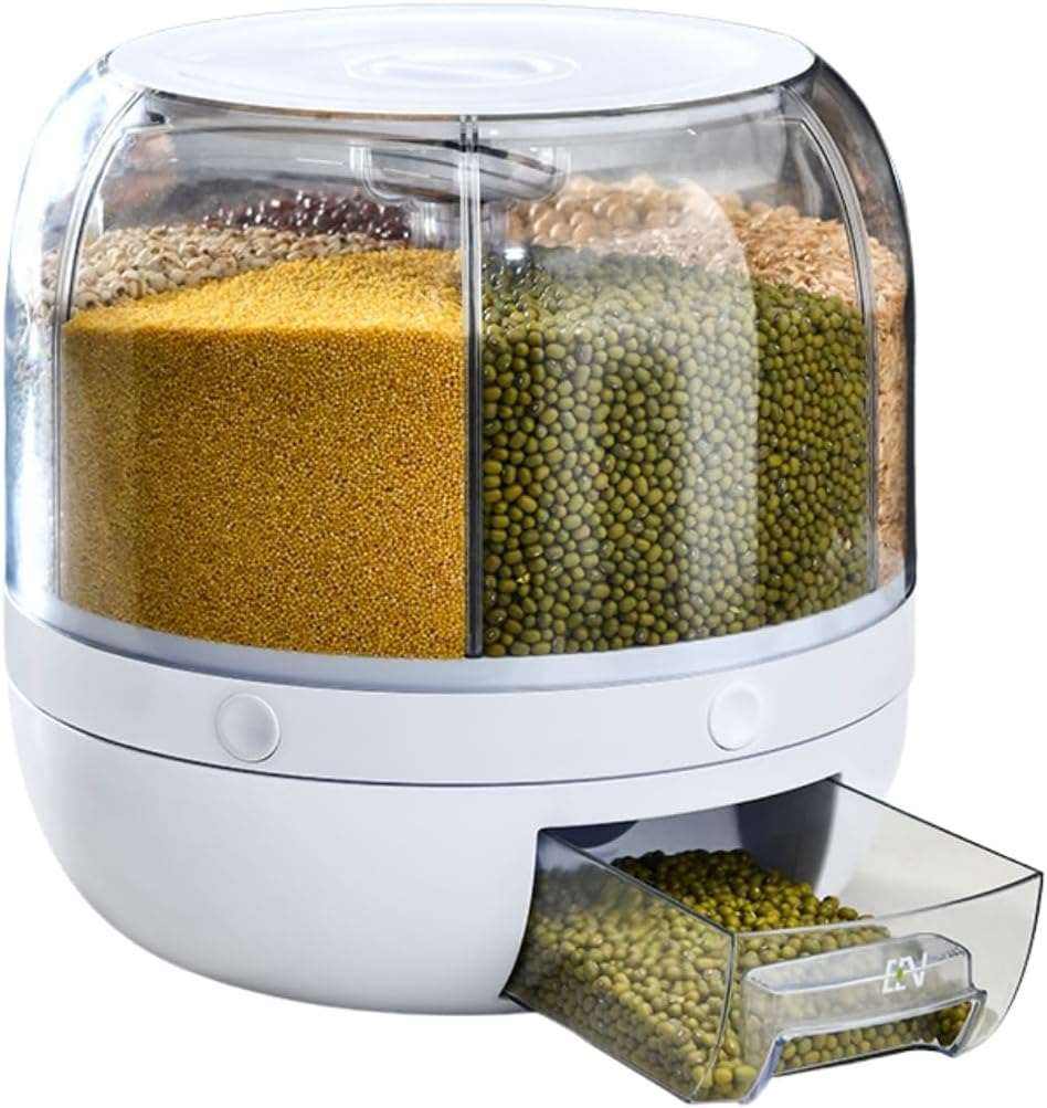 GOMINIMO 6 in 1 rotating 360° grain dispenser with lid and multiple compartments for organized grain storage