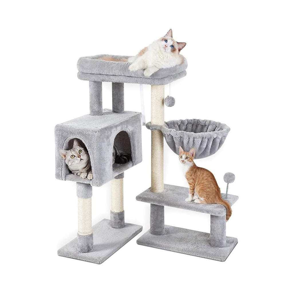 Floofi 97cm Adjustable Base Plush Cat Tree in light grey with multiple levels and sisal scratching posts