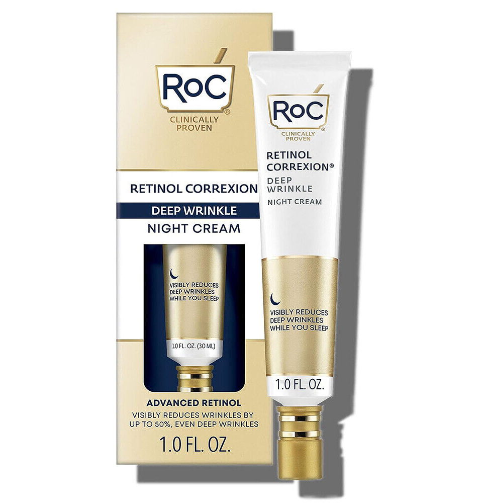 RoC Retinol Correxion Deep Wrinkle Facial Night Cream 1 Ounce tube and box with anti-wrinkle skincare packaging