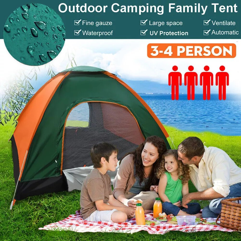 Full Automatic Pop Up Camping Tent, 3-4 Person Family Size, Waterproof Outdoor Hiking Shelter