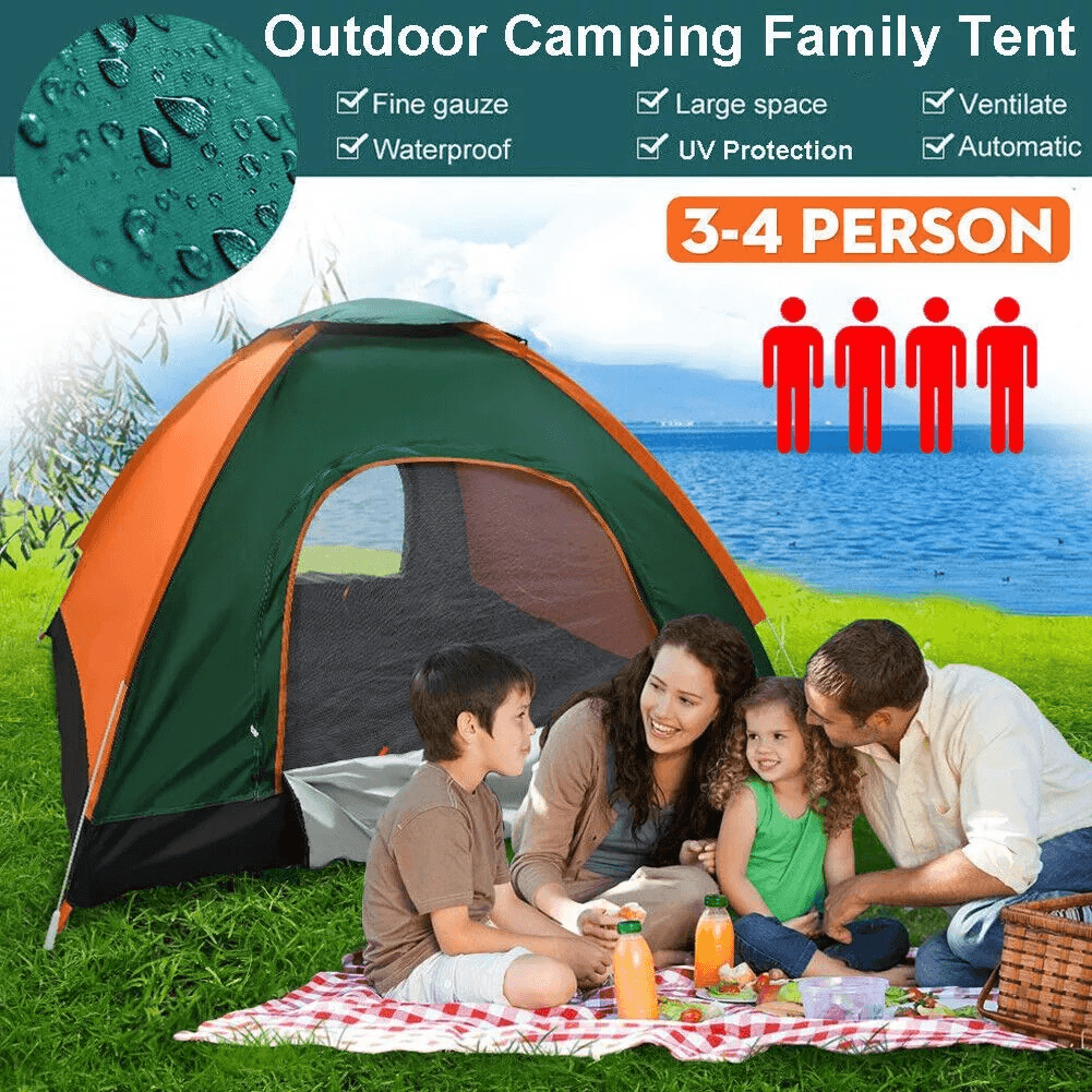 Full Automatic Pop Up Camping Tent, 3-4 Person Family Size, Waterproof Outdoor Hiking Shelter