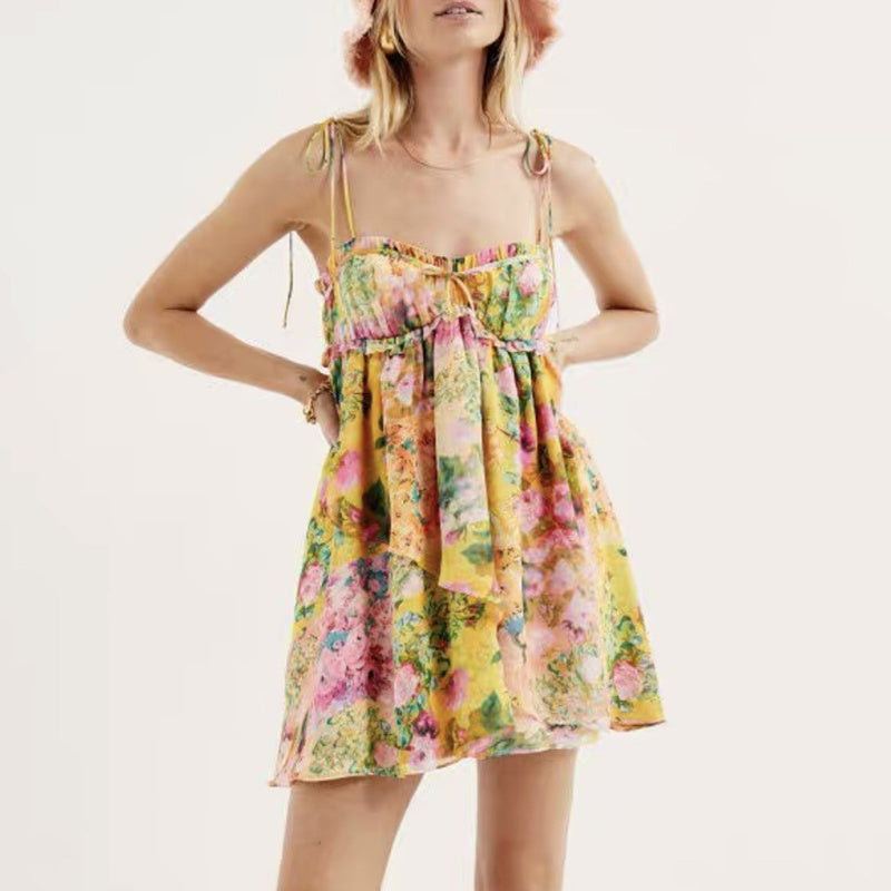 Y2K Flowers Print Suspender Dress Summer Fashion Ruffled Holiday Beach Short Dresses Womens Clothing Kaps B International