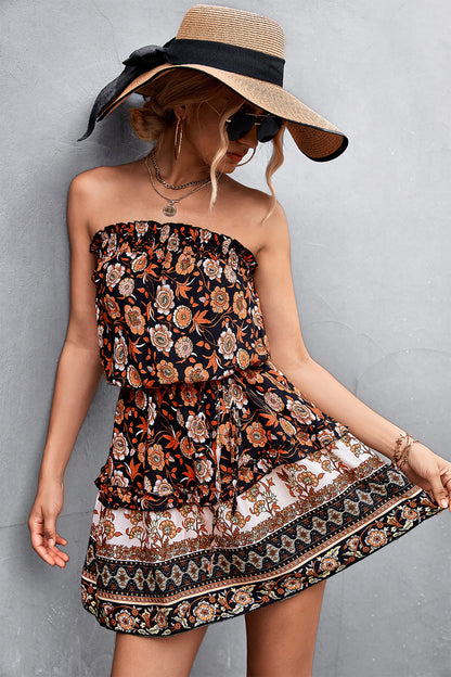 Women's Bohemian Floral Print Strapless Dress Summer Beach Dress Kaps B International