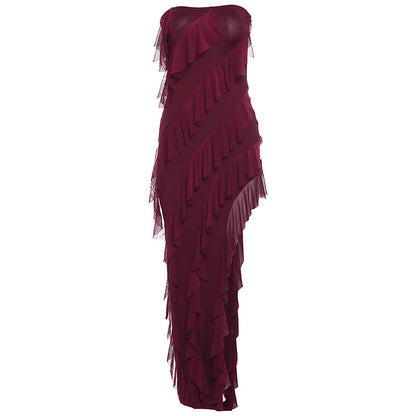 Trend Skinny Women's Fashion Tube Top Backless Split Tassel Dress Birthday Party Clubwear