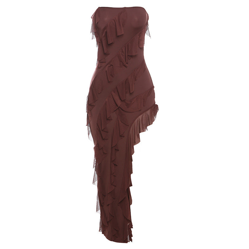 Trend Skinny Women's Fashion Tube Top Backless Split Tassel Dress Birthday Party Clubwear
