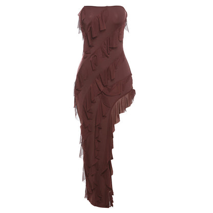 Trend Skinny Women's Fashion Tube Top Backless Split Tassel Dress Birthday Party Clubwear