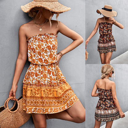 Women's Bohemian Floral Print Strapless Dress Summer Beach Dress Kaps B International