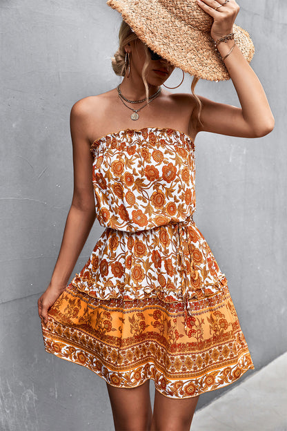Women's Bohemian Floral Print Strapless Dress Summer Beach Dress Kaps B International