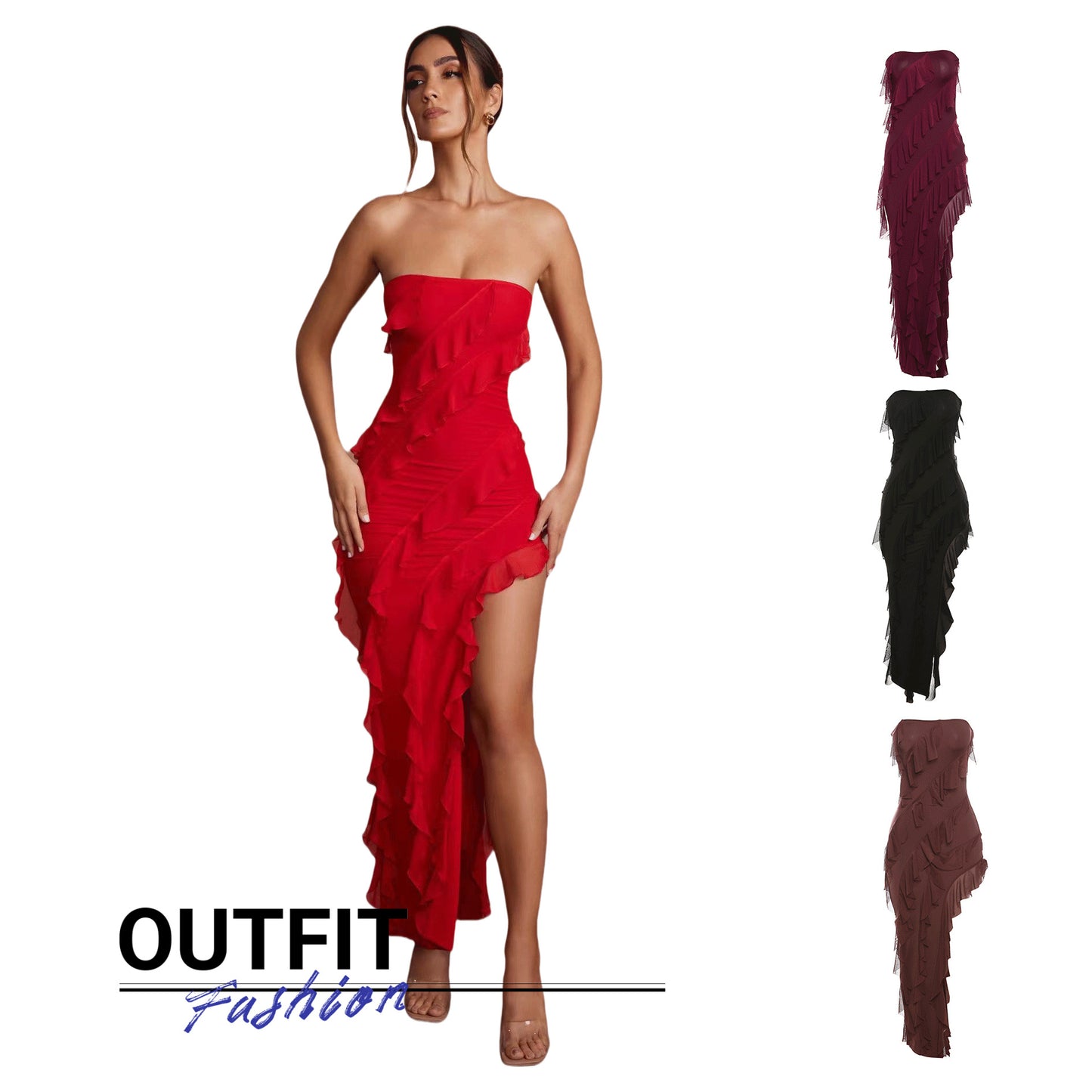 Trend Skinny Women's Fashion Tube Top Backless Split Tassel Dress Birthday Party Clubwear
