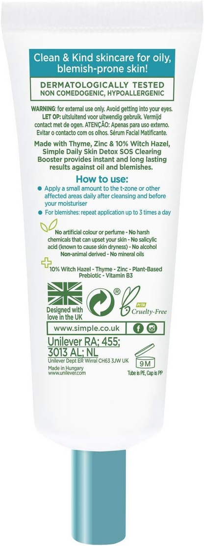 Simple Daily Skin Detox SOS Clearing with thyme, zinc, and witch hazel Booster long-lasting shine & blemish control 25ml - Packaging May Vary