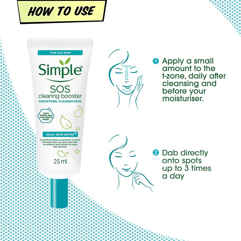 Simple Daily Skin Detox SOS Clearing with thyme, zinc, and witch hazel Booster long-lasting shine & blemish control 25ml - Packaging May Vary